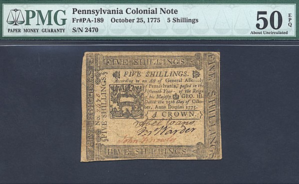 image for: Pennsylvania: Fr.PA189 1775 5s 25-Oct PMG AU50 EPQ  [2470]