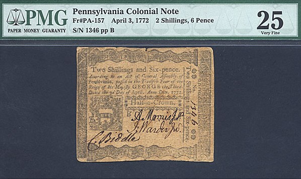 image for: Pennsylvania: Fr.PA157 1772 2s/6d 3-Apr PMG VF25  [1346]