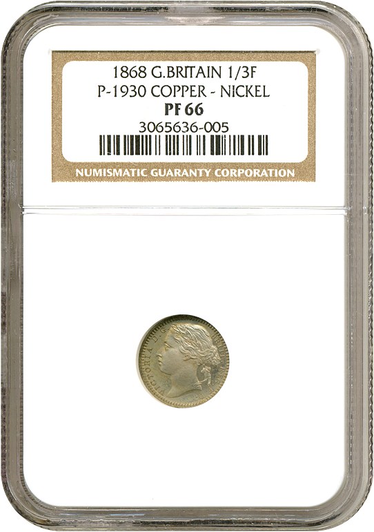 image for: Great Britain: 1868 1/3 Far Copper Nickel NGC Proof 66 (P-1930)