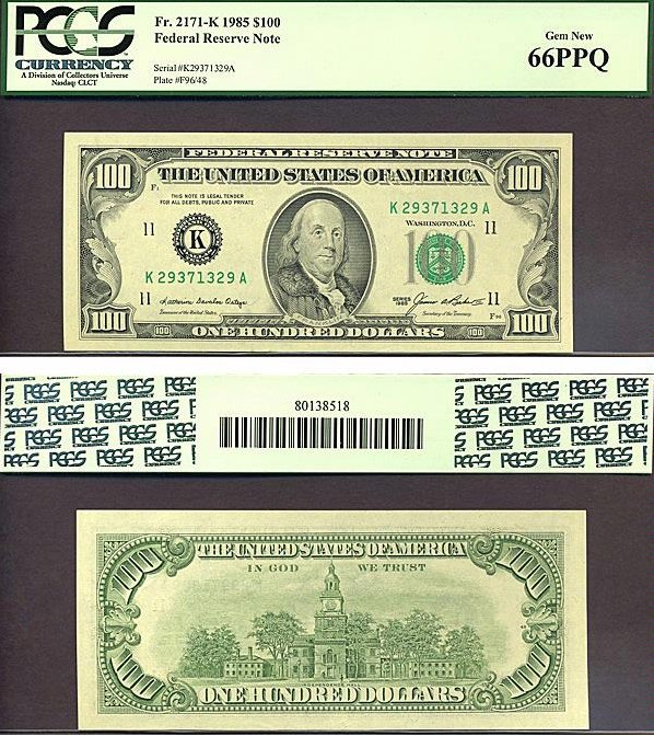 image for: Fr.2171K 1985 $100  PCGS Gem CU66 PPQ [K29371329A]
