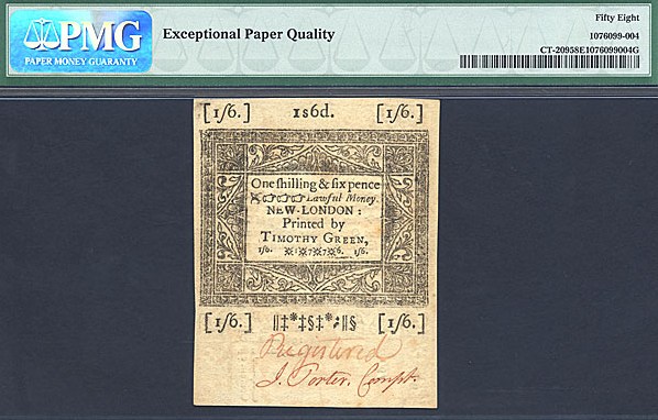 image for: Connecticut: Fr.CT209 1776 1s/6d 19-Jun PMG AU58 EPQ  [15370]