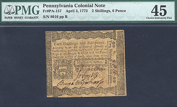 image for: Pennsylvania: Fr.PA157 1772 2s/6d 3-Apr PMG XF45  [8016]