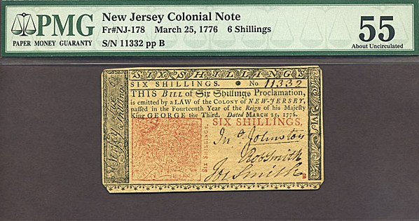 image for: New Jersey: Fr.NJ178 1776 6s 25-Mar PMG AU55  [11332]