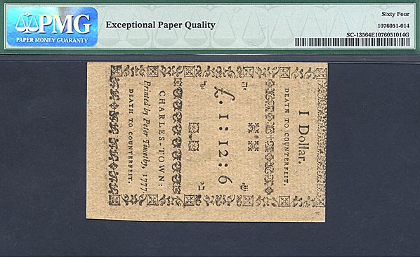 image for: South Carolina: Fr.SC135 1776,1777 on the back $1 23-Dec PMG Choice CU64 EPQ [135]