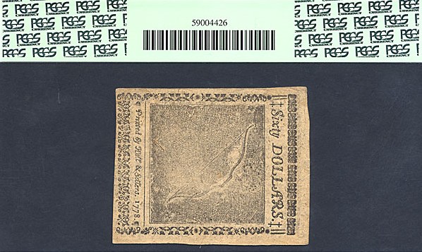 image for: Continental Congress: Fr.CC86 1778 $60 26-Sep PCGS AU58 PPQ  [21022] *Comtemporary Counterfeit*
