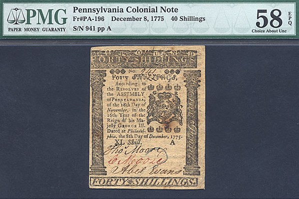 image for: Pennsylvania: Fr.PA196 1775 40s 8-Dec PMG AU58 EPQ  [941]