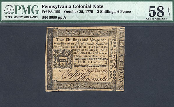 image for: Pennsylvania: Fr.PA188 1775 2s/6d 25-Oct PMG AU58 EPQ  [8080]