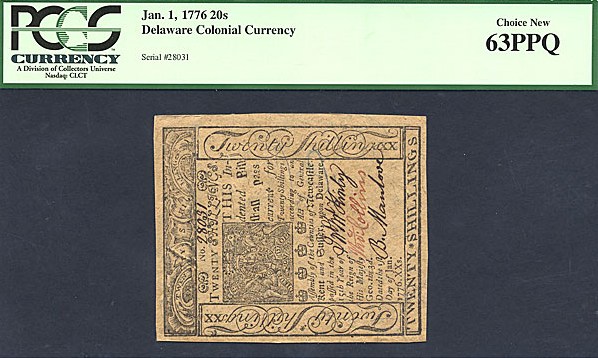 image for: Delaware: Fr.DE80 1776 20s 1-Jan PCGS Choice CU63 PPQ [28031]