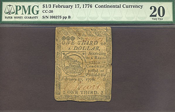 image for: Continental Congress: Fr.CC20 1776 $1/3 17-Feb PMG VF20  [398275]