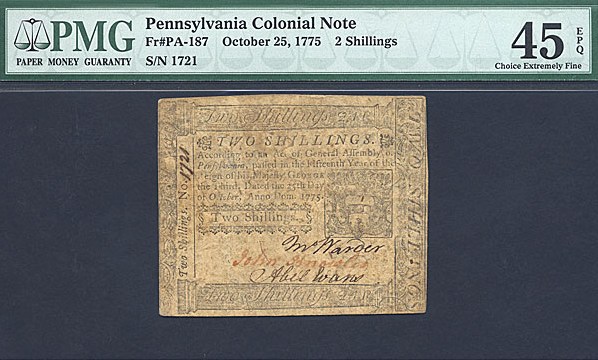 image for: Pennsylvania: Fr.PA187 1775 18d 25-Oct PMG XF45 EPQ  [1721]