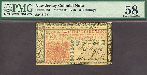 image for: New Jersey: Fr.NJ181 1776 30s 25-Mar PMG AU58  [8107]