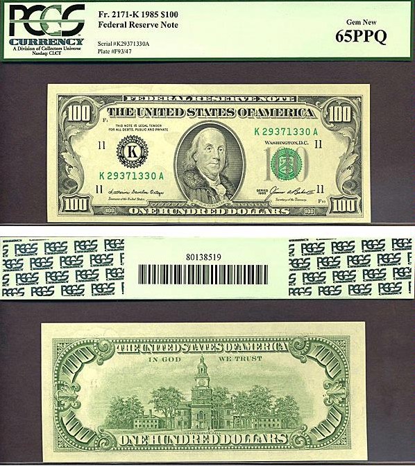 image for: Fr.2171K 1985 $100  PCGS Gem CU65 PPQ [K29371330A]