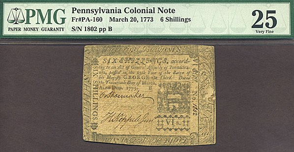 image for: Pennsylvania: Fr.PA160 1773 6s 20-Mar PMG VF25  [1802]