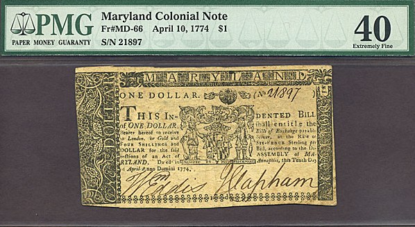image for: Maryland: Fr.MD66 1774 $1 10-Apr PMG XF40  [21897]