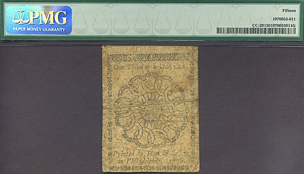 image for: Continental Congress: Fr.CC20 1776 $1/3 17-Feb PMG F15  [Unknown]