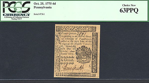 image for: Pennsylvania: Fr.PA183 1775 4d 25-Oct PCGS Choice CU63 PPQ  [7561]