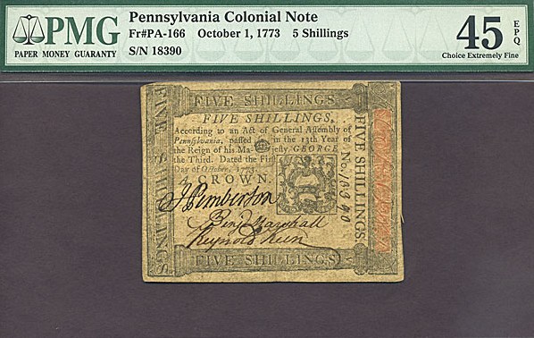 image for: Pennsylvania: Fr.PA166 1773 5s 1-Oct PMG XF45 EPQ  [18390]