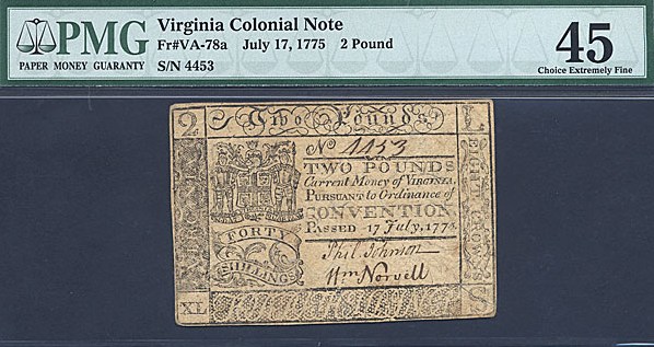 image for: Virginia: Fr.VA78a 1775 ?2 17-Jul PMG XF45  [4453]