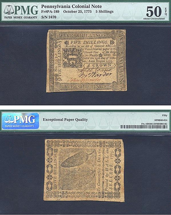 image for: Pennsylvania: Fr.PA189 1775 5s 25-Oct PMG AU50 EPQ  [2470]