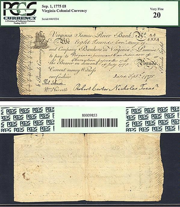 image for: Virginia: Fr.VA85 1775 £8 1-Sep PCGS VF20  [44/4334]