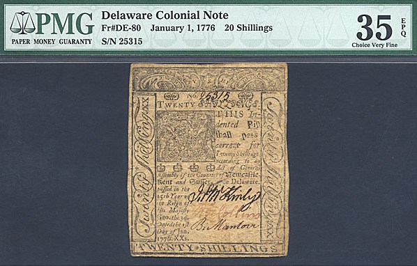 image for: Delaware: Fr.DE80 1776 20s 1-Jan PMG VF35 EPQ  [25315]