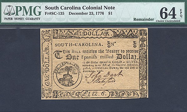 image for: South Carolina: Fr.SC135 1776,1777 on the back $1 23-Dec PMG Choice CU64 EPQ [135]