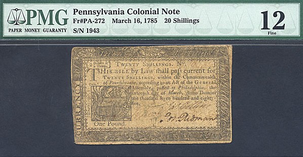 image for: Pennsylvania: Fr.PA272 1785 20s 16-Mar PMG F12  [1943]