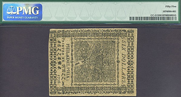 image for: Continental Currency: Fr.CC51 1776 $6 November 2 PMG AU55  [68262]