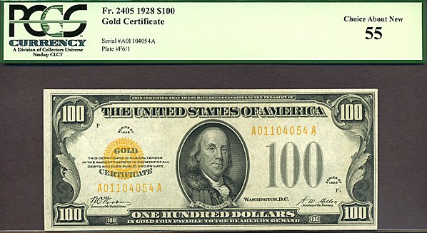 image for: Fr.2405 1928 $100 Gold Seal and Serial Numbers PCGS AU55  [A01104054A]