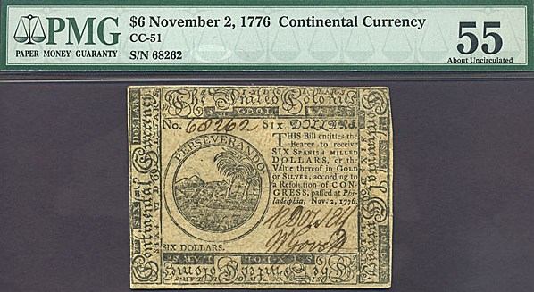 image for: Continental Currency: Fr.CC51 1776 $6 November 2 PMG AU55  [68262]