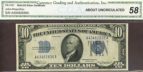 image for: Fr.1701 1934 $10 Blue Seal and Serial Numbers CGA AU58  [A43482836A]