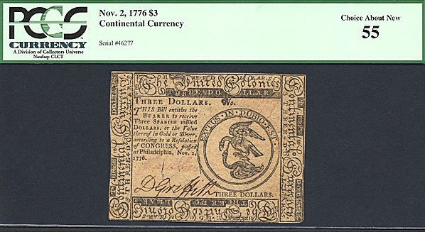 image for: Continental Congress: Fr.CC48 1776 $3 2-Nov PCGS AU55  [46277]