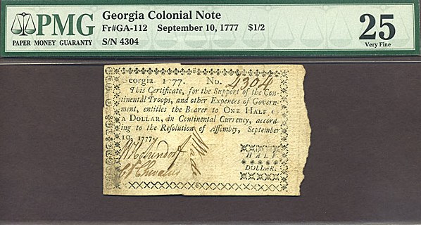 image for: Georgia: Fr.GA112 1777 $1/2 10-Sep PMG VF25  [4304]