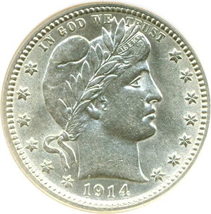 image for: 1914 25c DGS AU58 (Lightly Cleaned)