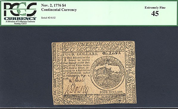 image for: Continental Congress: Fr.CC49 1776 $4 2-Nov PCGS XF45  [24152]