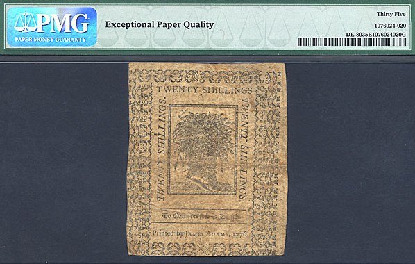 image for: Delaware: Fr.DE80 1776 20s 1-Jan PMG VF35 EPQ  [25315]