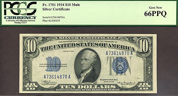 image for: Fr.1701 1934 $10 Blue Seal and Serial Numbers PCGS Gem CU66 PPQ [A73614870A]