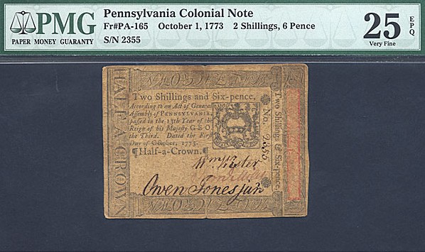 image for: Pennsylvania: Fr.PA165 1773 2s/6d 1-Oct PMG VF25 EPQ  [2355]