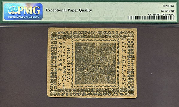 image for: Continental Congress: Fr.CC36 1776 $6 9-May PMG XF45 EPQ  [77335]