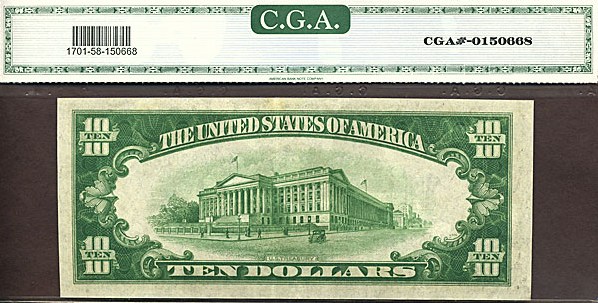 image for: Fr.1701 1934 $10 Blue Seal and Serial Numbers CGA AU58  [A43482836A]