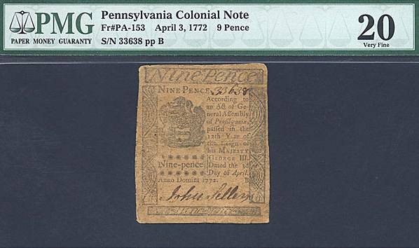 image for: Pennsylvania: Fr.PA153 1772 9d 3-Apr PMG VF20  [33638]