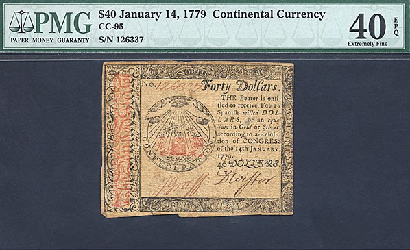 image for: Continental Congress: Fr.CC95 1779 $40 14-Jan PMG XF40 EPQ  [126337]