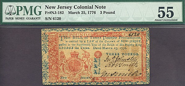 image for: Fr.NJ182 1776 3 Pounds March 25 PMG AU55  [6120]