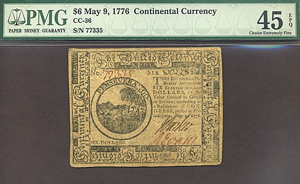image for: Continental Congress: Fr.CC36 1776 $6 9-May PMG XF45 EPQ  [77335]