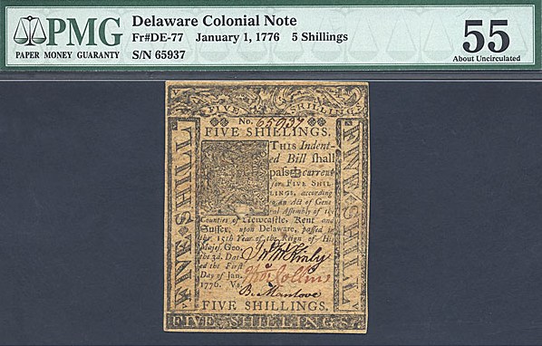 image for: Delaware: Fr.DE77 1776 5s 1-Jan PMG AU55  [65937]