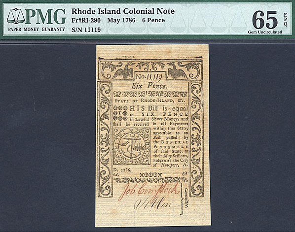 image for: Rh. Island: Fr.RI290 1786 6d May PMG Gem CU65  [11119]