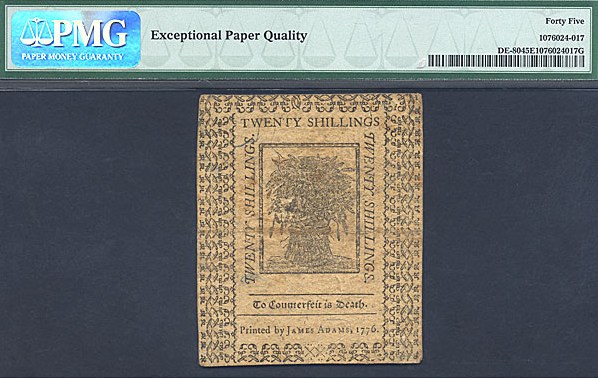 image for: Delaware: Fr.DE80 1776 20s 1-Jan PMG XF45 EPQ [1699]