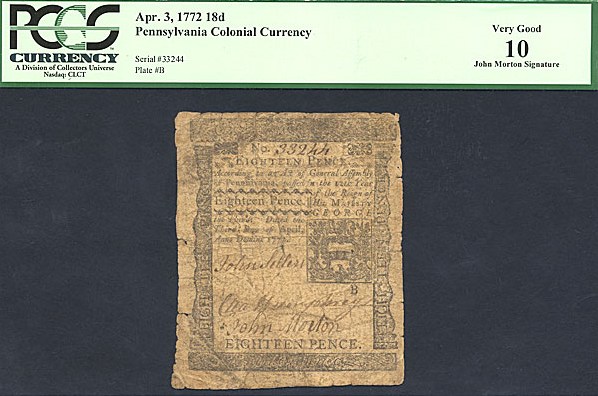 image for: Pennsylvania: Fr.PA155 1772 18d 3-Apr PCGS VG10  [33244] *John Morton Signature*