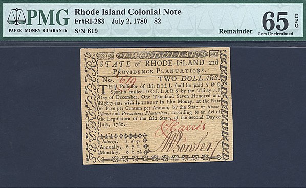 image for: Rh. Island: Fr.RI283 1780 $2 2-Jul PMG Gem CU65 EPQ [619]