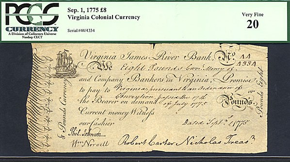 image for: Virginia: Fr.VA85 1775 £8 1-Sep PCGS VF20  [44/4334]